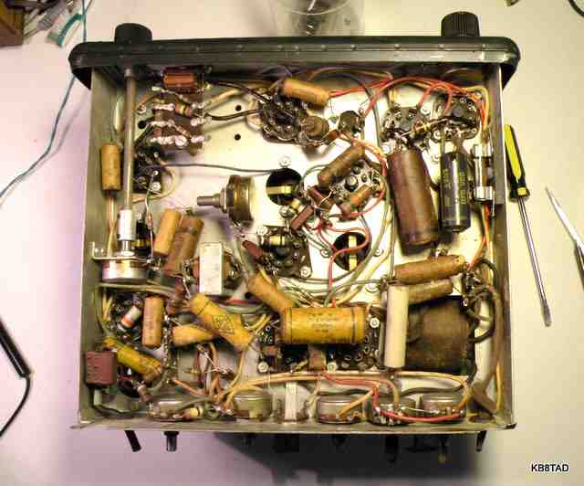 Bottom of Hallicrafters SP-44 showing old capacitors