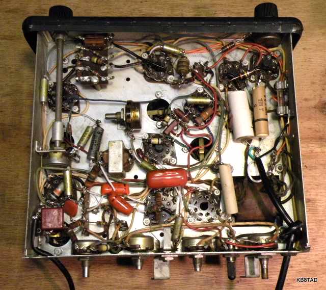 Bottom of Hallicrafters SP-44 showing new capacitors